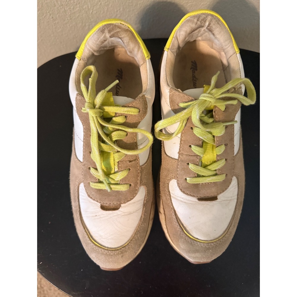 Madewell MWL Kickoff Trainer Sneakers White Tan Neon Yellow Leather Suede SZ 7M - Picture 3 of 9